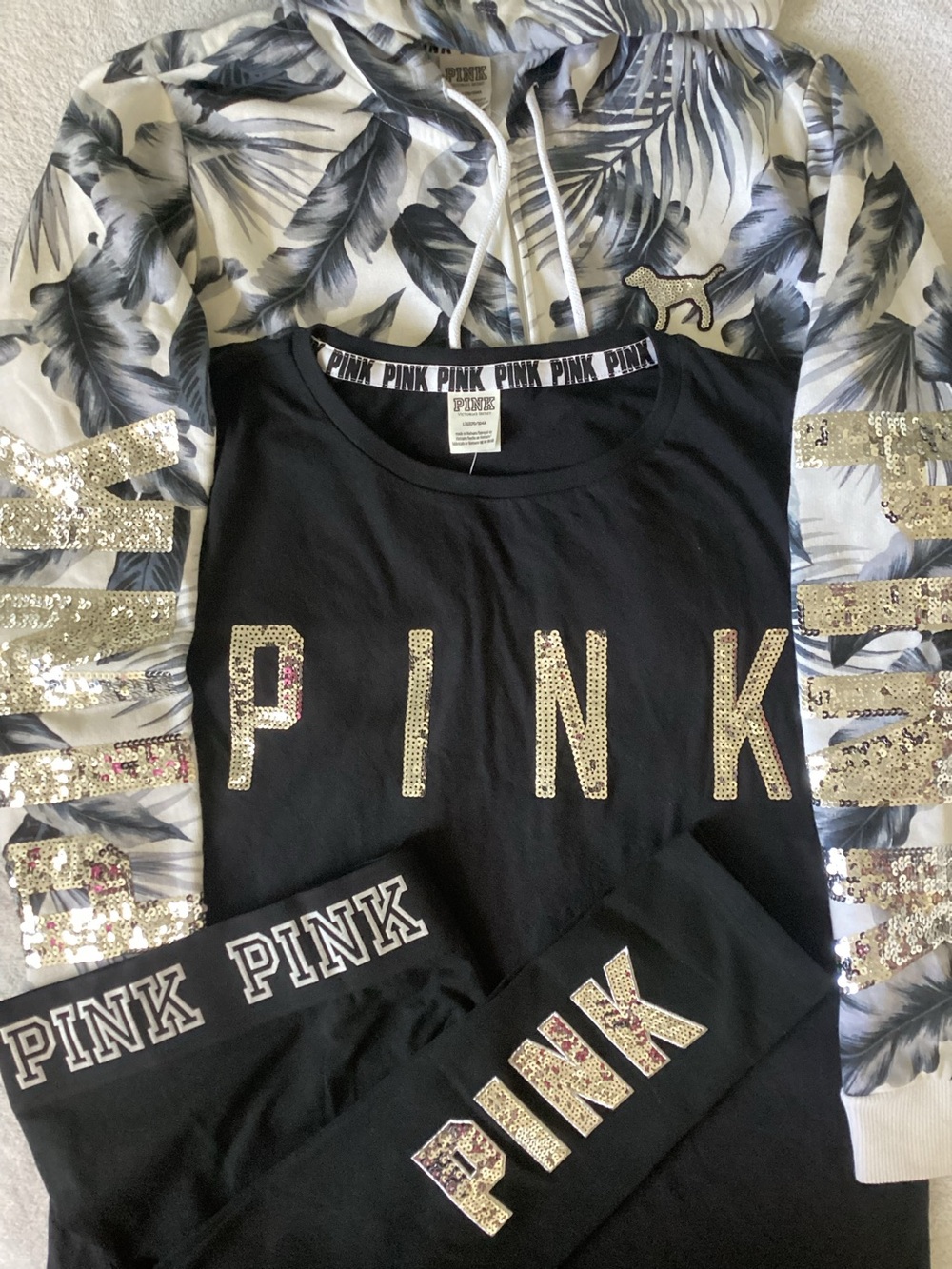 Victoria’s Secret PINK BLING Tropical Palm Hoodie Jacket Shirt Yoga Leggings NWT